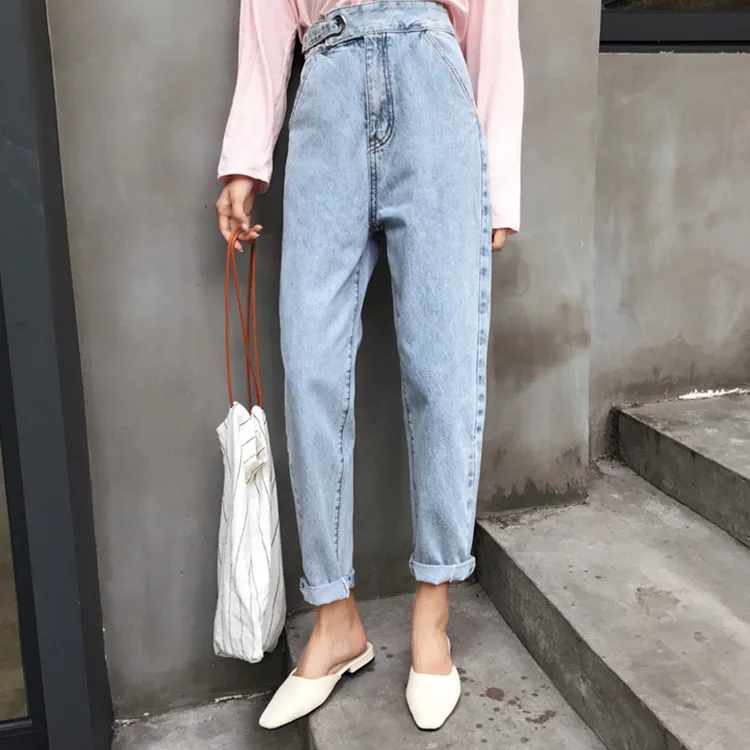 new hot sale women's spring summer loose high waist jeans pants ladies ankle-length harern pants S-L