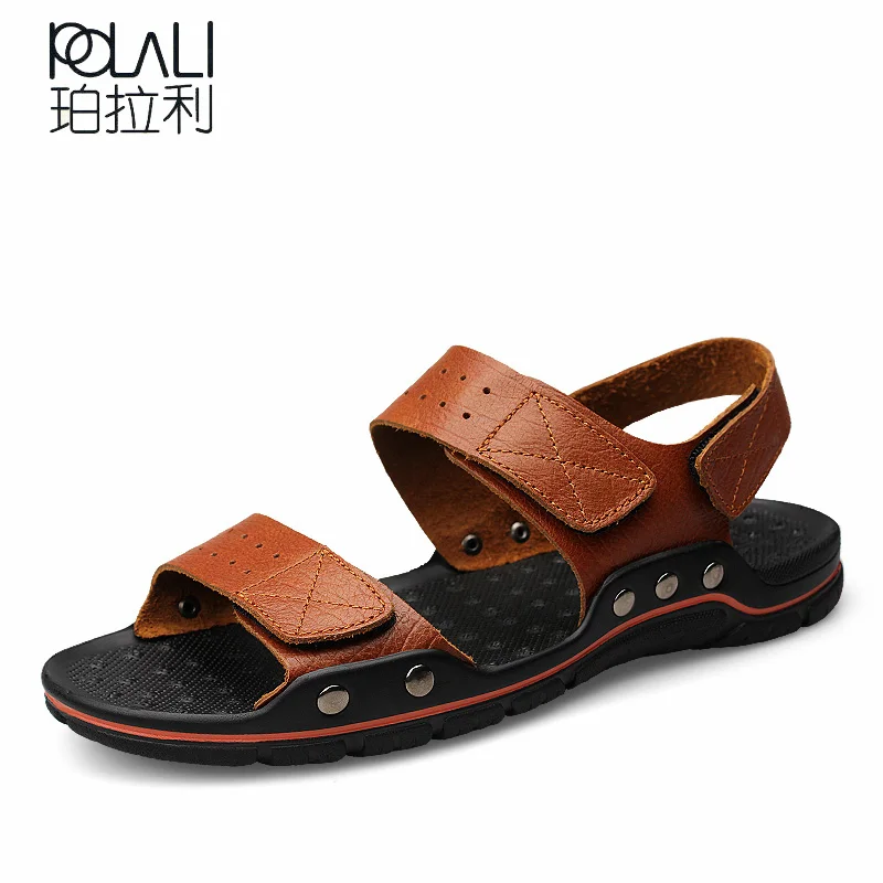 

POLALI 38-48 Men's 100% Genuine Leather New Famous Brand Casual Men sandals Slippers Summer Shoes Beach flip flops