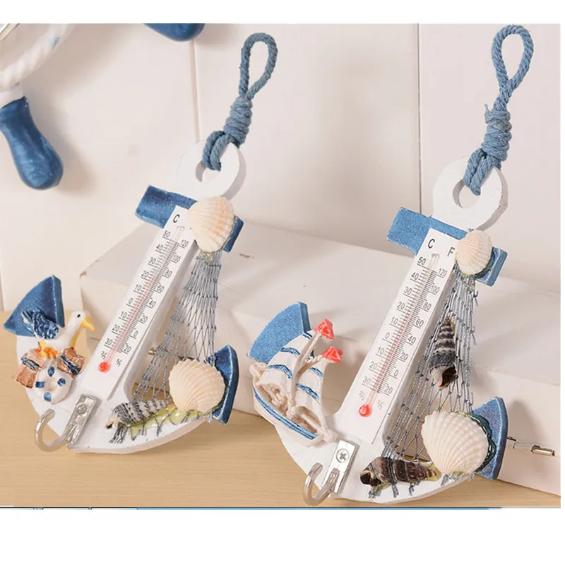 

Modern Home Wall Hanging Hook Wood Anchor Thermometer Shell Nautical Decor