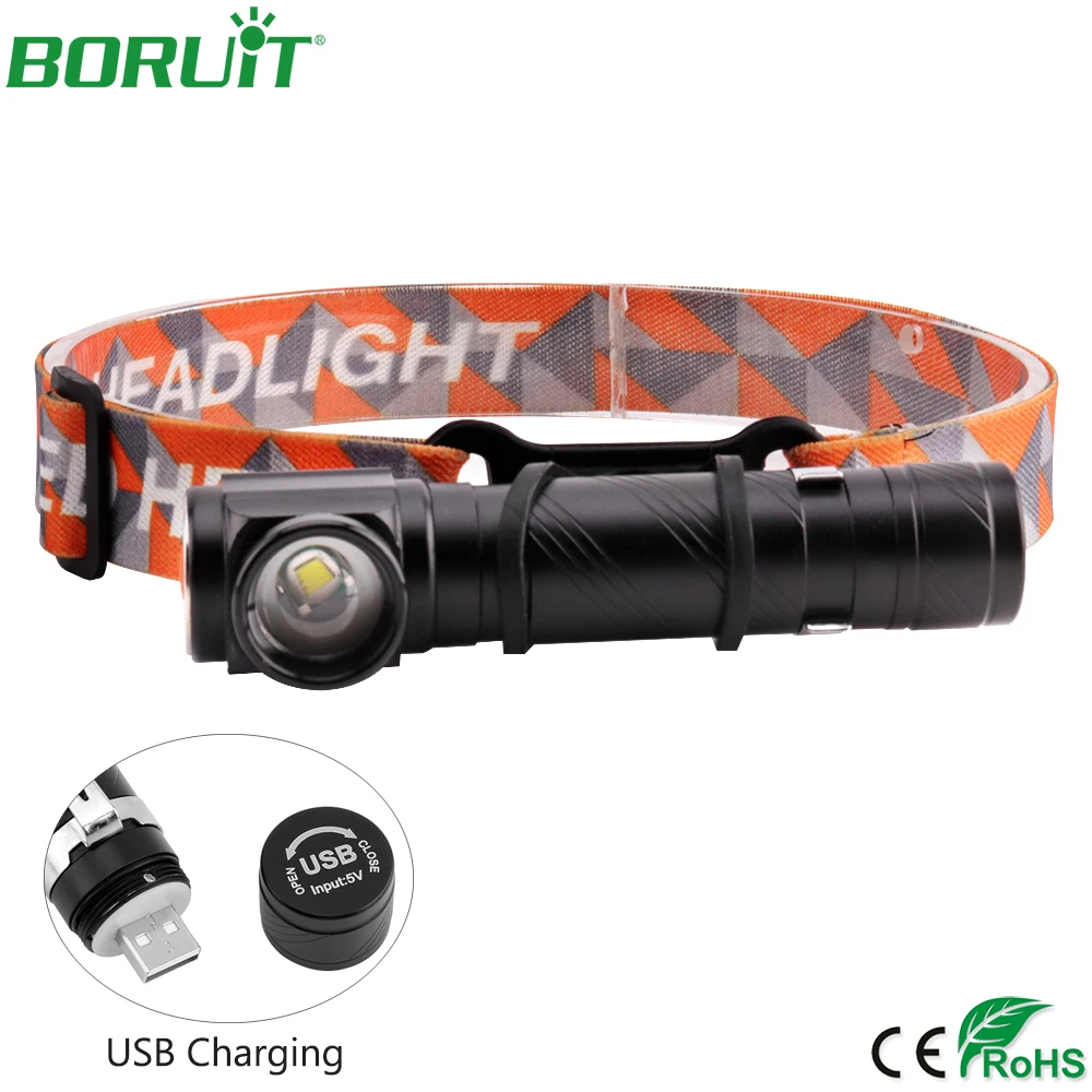 

BORUiT USB Rechargeable T6 LED Headlamp Flashlight Zoomable Torch Light Magnetic Work Light Waterproof Camping Head Torch Lamp