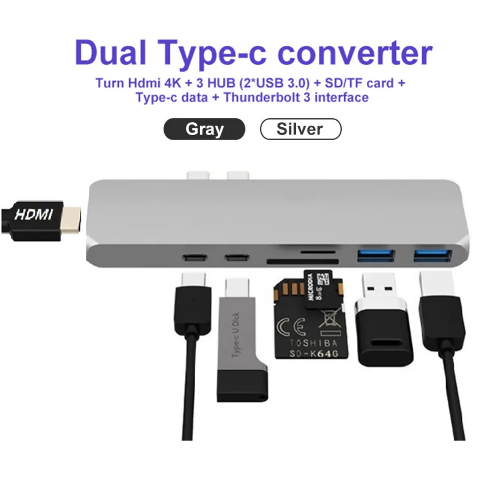 

NEW Dual Type-c Hub to HDMI 4k USB C Hub with 2 USB 3.0 Port SD/TF Type-C Port 40Gbps Port for Macbook Thunderbolt 3 Converter