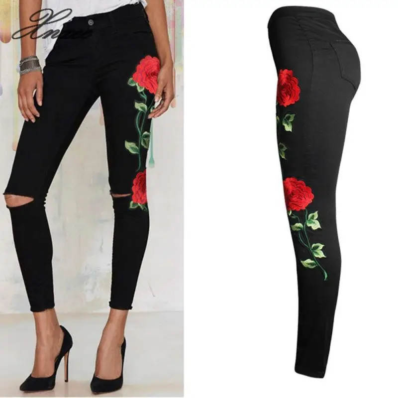 

Women's Fashion Jeans Embroidered Floral Jeans Ripped Slim Denim Pants Ladies