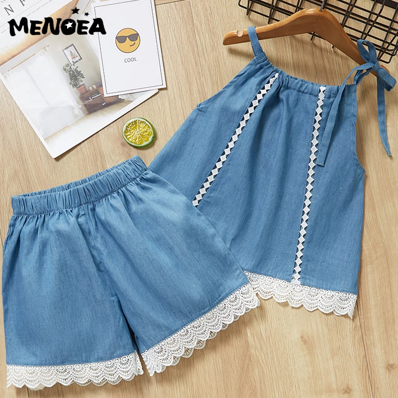 

Menoea Kids Clothing Suits New Fashion Girls Sets Lace-edge Denim Vest+Denim Shorts Casual Sleeveless Children's Clothes Sets