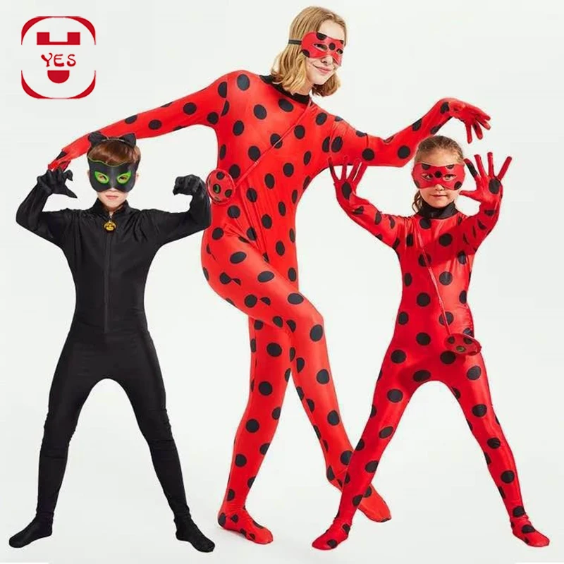 YES Spandex Ladybug Costume Jumpsuit Fancy Black Cat Adrian Marinette Super Hero Cosplay Costume For Girl Boy Adult Lady Wig