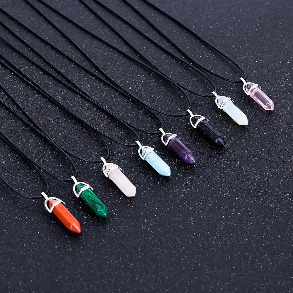 

Natural Crystal Pendant Natural Stone Hot Hexagon Column Necklace Stone Pendant Leather Chain Necklace Ladies Fashion Jewelry