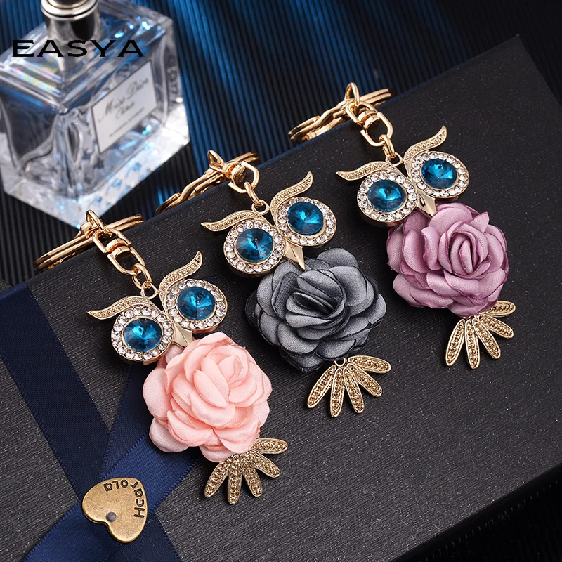 

EASYA New Design Flower Owl Keychain Key Rings Vintage Sparkling Big Rhinestine Animal Key Holder Chaveiro Bag Accessories