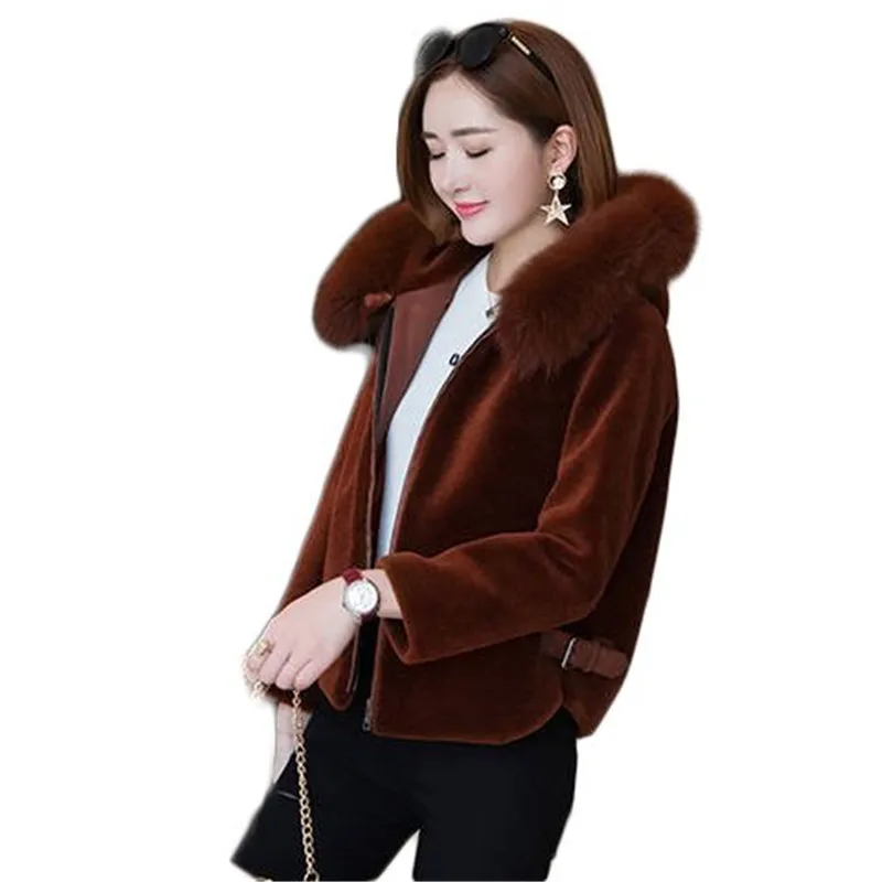 

2019 New Winter Female Real Fur Collar Coat Women Big Fox Fur Trim Hooded Sheep Shearing Fur Jackets Warm Thick Short Coats X18