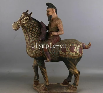 

18'' tri-coloured glazed pottery of the Tang Dynasty a man ride camel statue