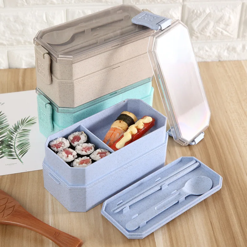 

Japanese Style Double Layers Large Capacity Wheat Straw Lunch Box with Tableware Microwave Leak Proof Bento Box