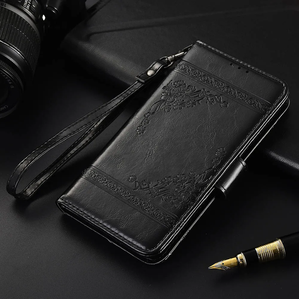Кожаный чехол-книжка для Xiaomi Redmi Note 7, чехол Fundas с цветочным принтом, чехол-кошелек s с ремешком, мягкая задняя крышка из ТПУ - Цвет: oil black