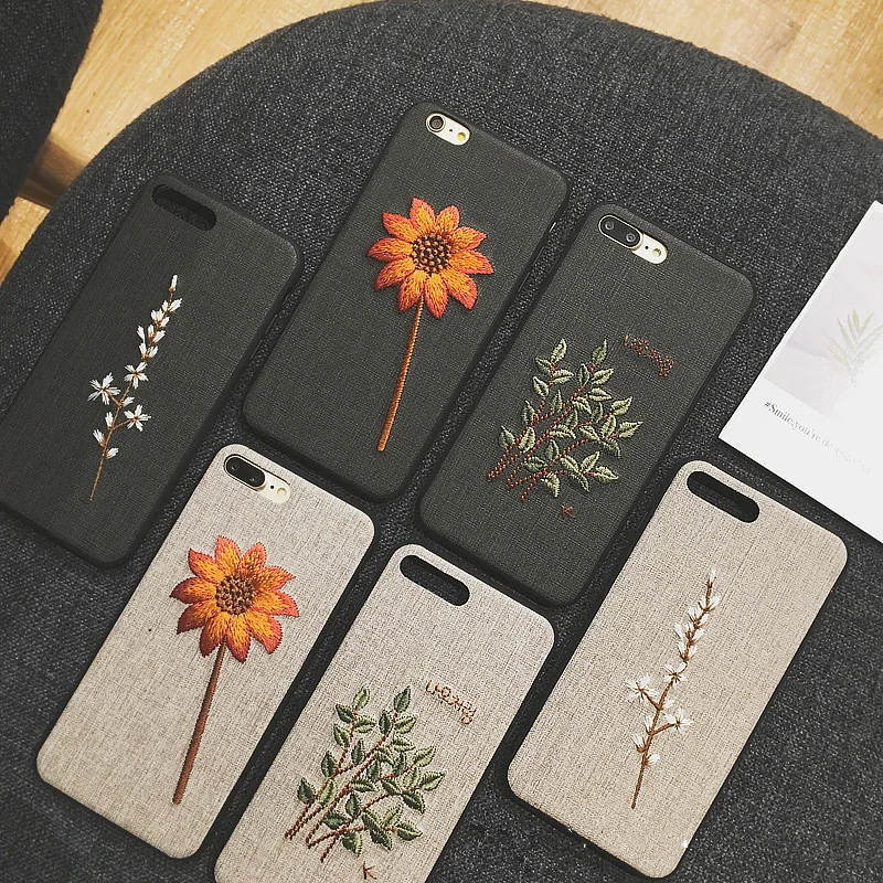 

Embroidery Fabric Case for iPhone 6 s 6S Plus Phone Cases for iPhone7 7 Plus Case Flower Print Case For iPhone 8 8 Plus iPhone X