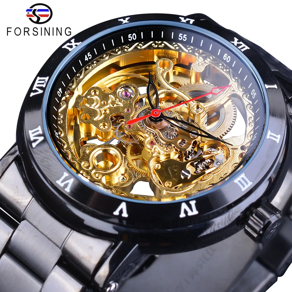 Forsining 2018 Retro Royal Flower Golden Skeleton Clock Red Black Pointers Stainless Steel Mens Automatic Watch Top Brand Luxury e0bf unique silicone mold for making flower clock decorations trendy ornament moulds