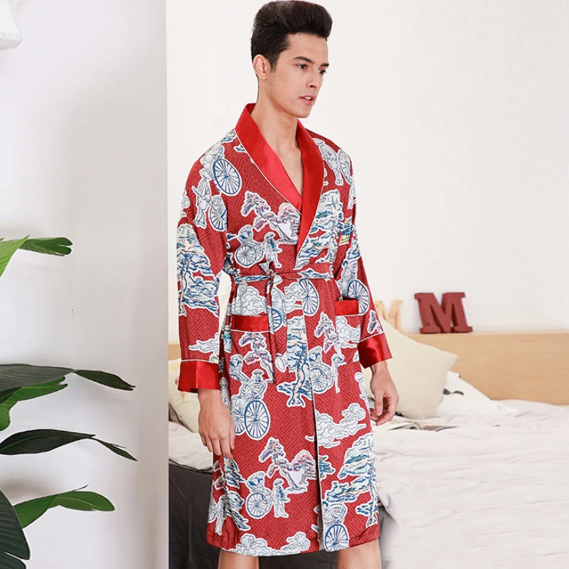 SSH0352 весна осень мужские халаты Высокое качество атласная Шелковая пижама с длинными рукавами мужской халат ночная рубашка с принтом банные мужские халаты