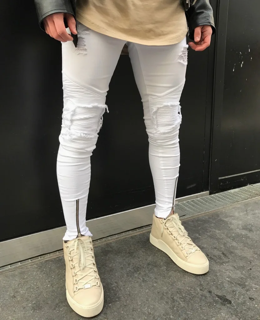 Mens Skinny Jean Distressed Slim Elastic white Jeans Denim Biker Jeans