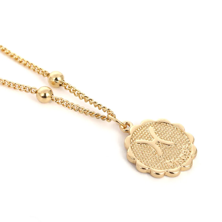 Ingemark 12 Zodiac Constellation Carve Coin Pendant Necklace Simple Copper Leo Beads Clavicle Chain Necklace Sexy Couple Jewelry - Окраска металла: Pisces Golden