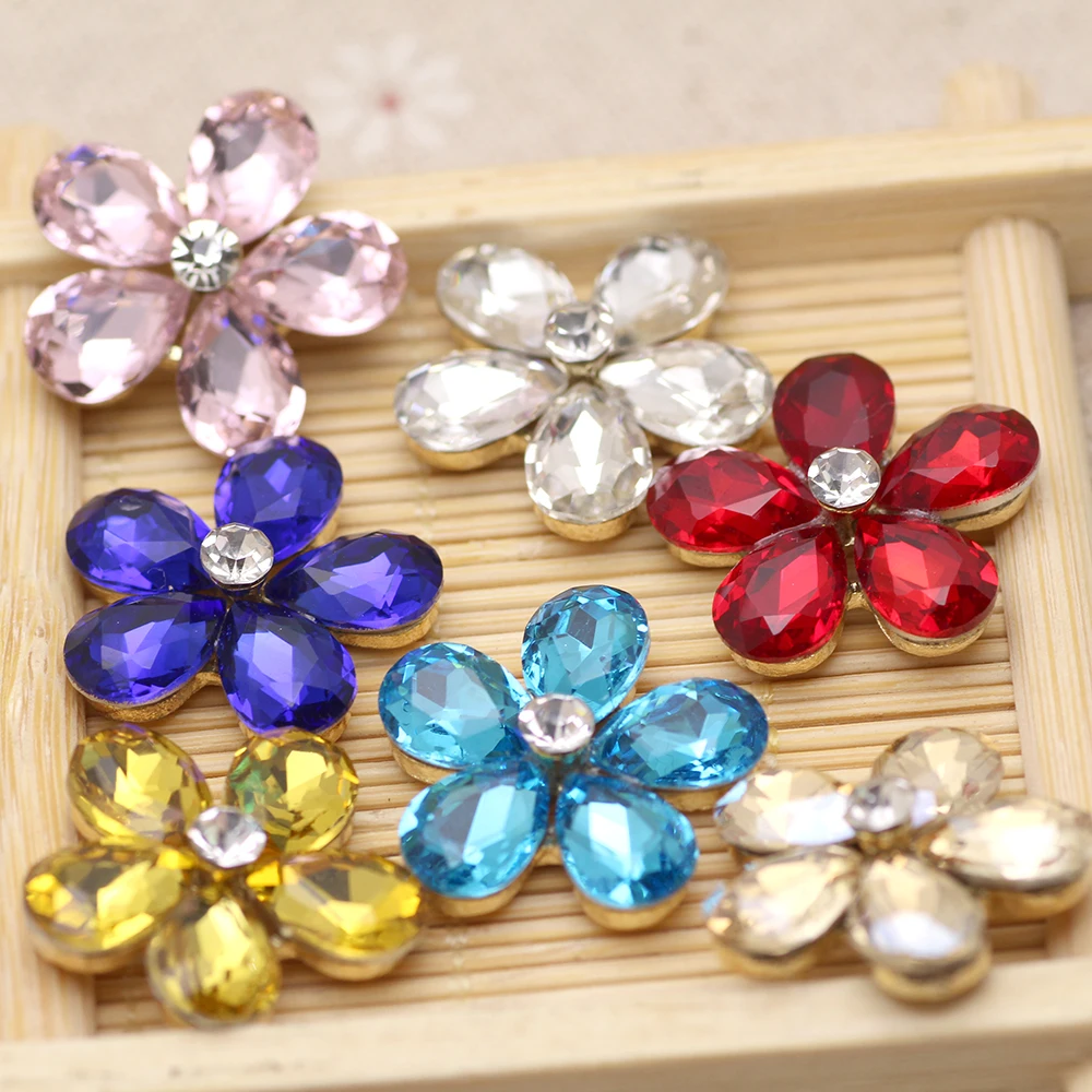 

21mm 2pcs flower shape rhinestone applique Colorful Sew on Rhinestones with gold base Flatback Rhinestone crystal Strass clothes