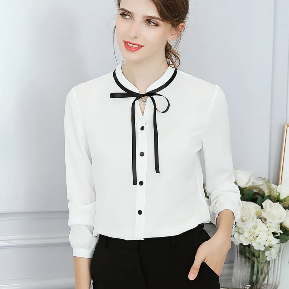 

Solid Bow Tied Women's Shirt Blouses for Women With V-Neck and Long Sleeves Elegant Ladies' Clothing Female Office Blouse Women