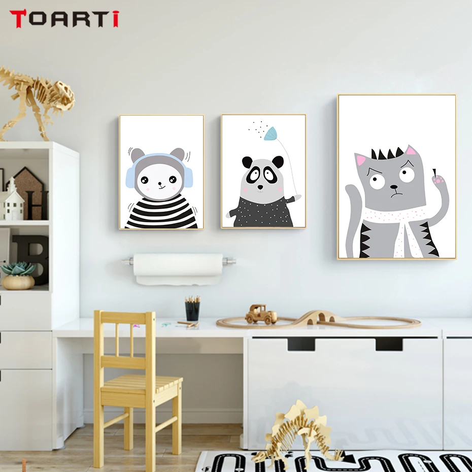 Cute Cartoon Animals Wall Art Grayness Style Modern Canvas Painting Nursery Pictures Vintage Posters&Prints Kids Room Home Decor (2)