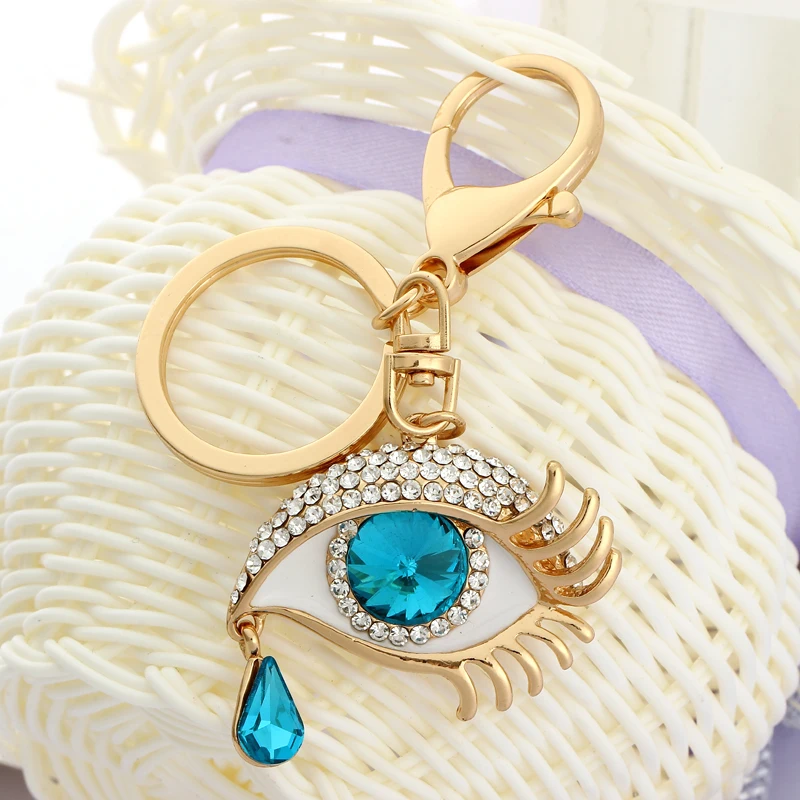 

MINHIN Luxury Eye Tear Drop Key Chains Women Bag Pendant Souvenir Gold-color Rings Holder Blue Crystal Tears Car Keyrings