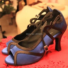 Женские синие сатиновый бальный латинские танцевальные туфли для сальсы танцевальная обувь для танго танцевальная обувь