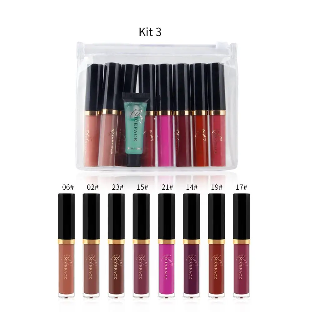 kit3 NICEFACE 8 шт./компл. антипригарная чашка не выцветает долговечная Жидкость Помада нюдовая макияж матовый оттенок для губ блеск подарочный набор - Color: kit3