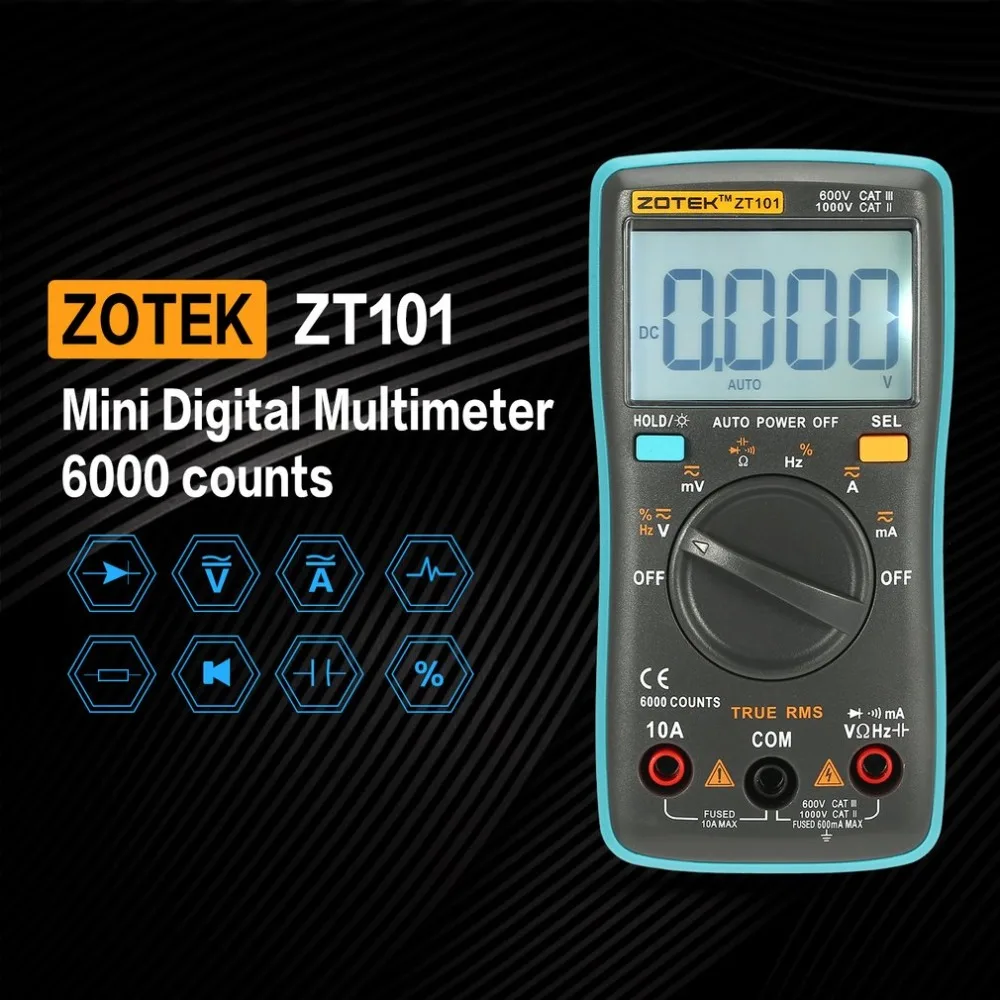 

ZOTEK ZT101 Mini Auto Range Digital Multimeter 6000 Counts AC DC Ammeter Voltmeter 550V Overload Protection LCD Backlight