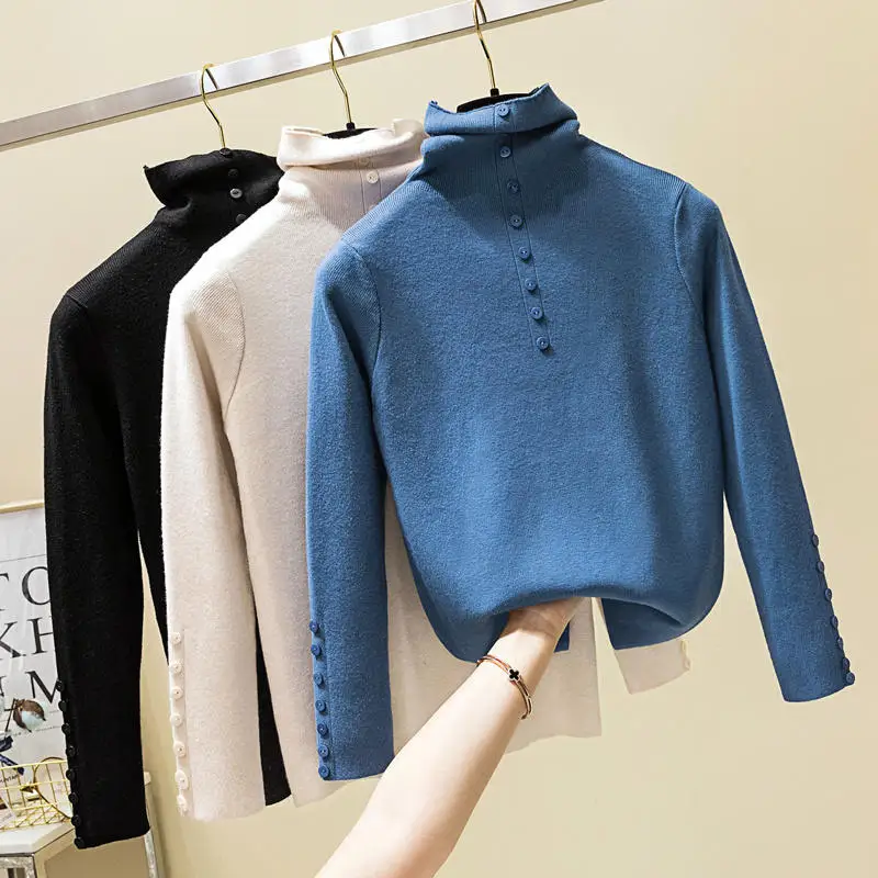 

Autumn Winter Knitted Turtleneck Sweater Women Casual Long Sleeve Pullovers Sweaters Women Elegant Button White Sweaters Q1726