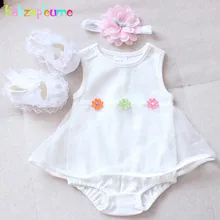 3 шт./0-24 месяцев/Летняя одежда для младенцев милые белые комбинезоны для девочек, детские боди с цветами+ обувь+ повязка на голову, комплекты одежды для новорожденных, BC1041