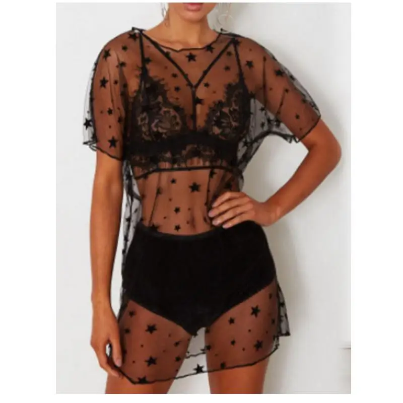 

T-Shirts Women 2019 New Fashion Long Shirt See Through Black Stars Short Sleeve T Shirt