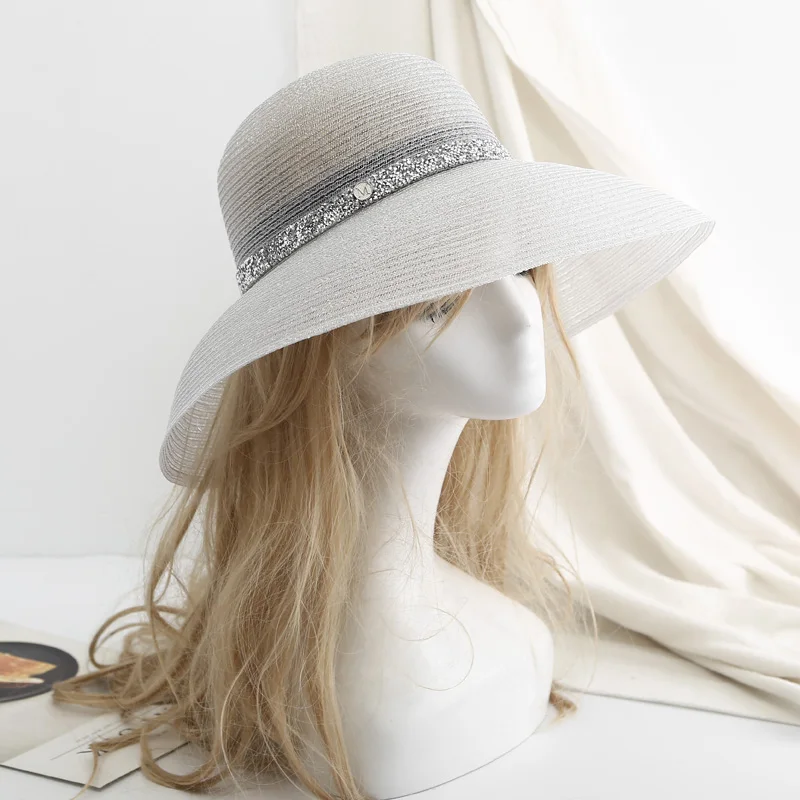 Summer Elegant Wide Brim Beach Hat Hepburn Style Rhinestone Belt Sun Hats Female Foldable UV Protection Sun Visor Caps