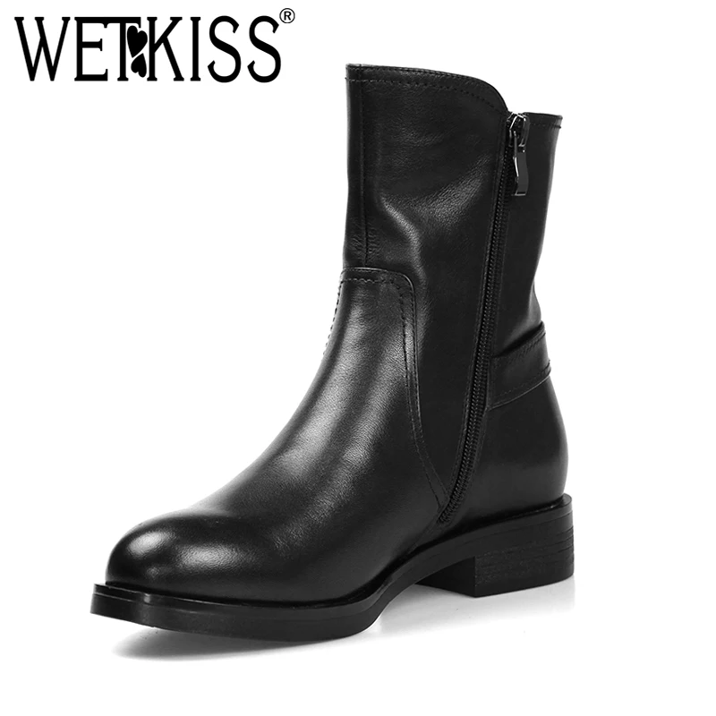 

WETKISS 2018 Motorcycle Boots Women Round Toe Boot Short Plush Chunky Heels Warm Female Shoes Cow Leather Casual Footwear
