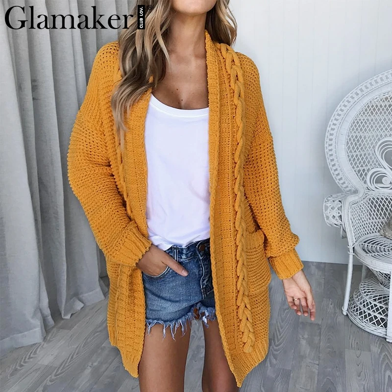 Glamaker Loose yellow knitted thick long cardigan Female