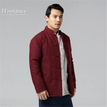 

Hisenky 2018 Winter Padded Jacket Chinese Style Stand Collar Linen Men's Cotton Coat Tang Suit Warm Jacket Retro Parkas 3Colors
