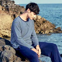 ICOLOR Хлопковая пижама с длинными рукавами и круглым вырезом для мужчин, осенняя Пижама для мужчин, пижамный комплект для мужчин, пижамы для пары, полосатая Пижама, домашняя одежда