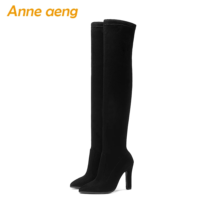 

2019 new winter ladies elastic kid suede shoes high heel women over the knee black warm winter motorcycle boots size 34-43