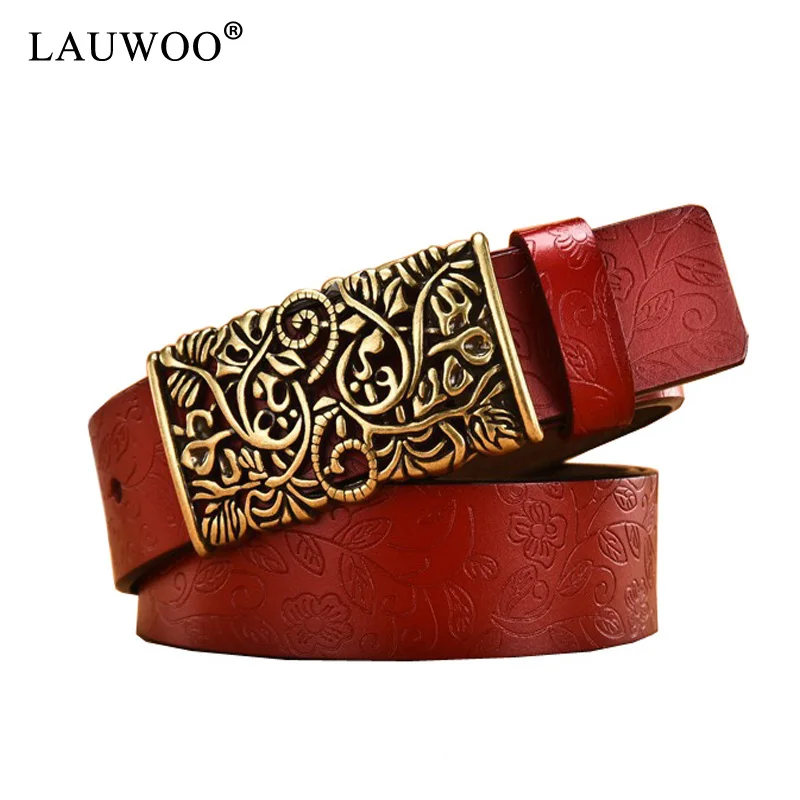 

LAUWOO Genuine Cowskin Leather Belts For Women Carved Design Retro Metal Women Strap Cintos Ceinture Female High Quality Belts