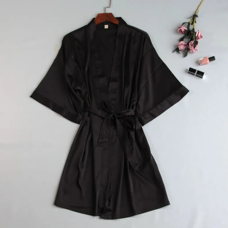 MECHCITIZ шелковый халат Для женщин кимоно халаты летние пижамы Femme Sexy халат атласная Женская одежда платья большого размера - Цвет: Черный