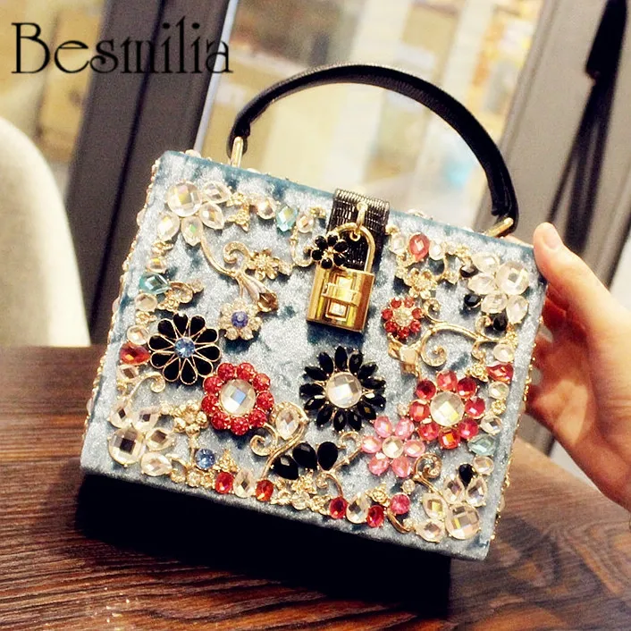 

High quality box shape ladies handbag luxury colorful diamonds suede clutch evening bag party totes shoulder flap bag lock purse
