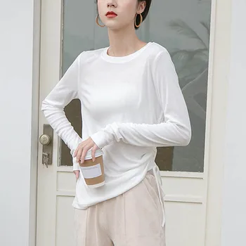 

2019 New Women Casual Drawstring Knitted T Shirts O Neck Long Sleeve Plus Size T Shirts Solid Lace Up Loose Tees