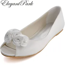 EP31015 обувь на плоской подошве; модные туфли цвета слоновой кости Свадебная обувь открытый носок дамские туфли с цветком из стразов; большой размер, сатиновый свадебные туфли женские Туфли без каблуков