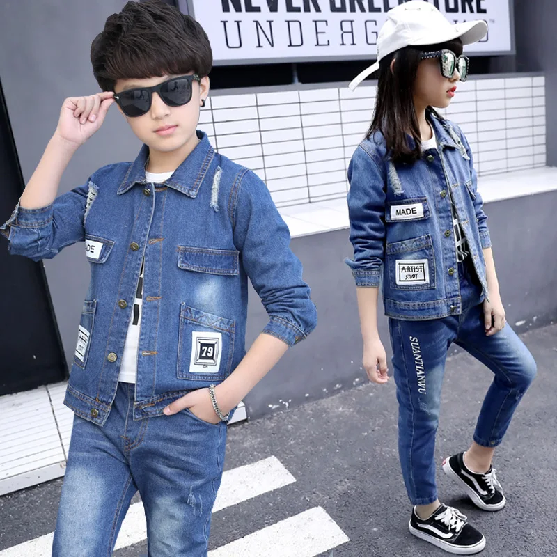 Kids Clothes Boys 4 6 8 10 12 Years Fashion Letter Denim Coat Hole Jeans Suit Cowboy Autumn Children Clothing Girls 2 Pieces Kids Clothes Boys 4 6 8 10 12 Years Fashion Letter Denim Coat Hole Jeans Suit Cowboy Autumn Children Clothing Girls 2 Pieces