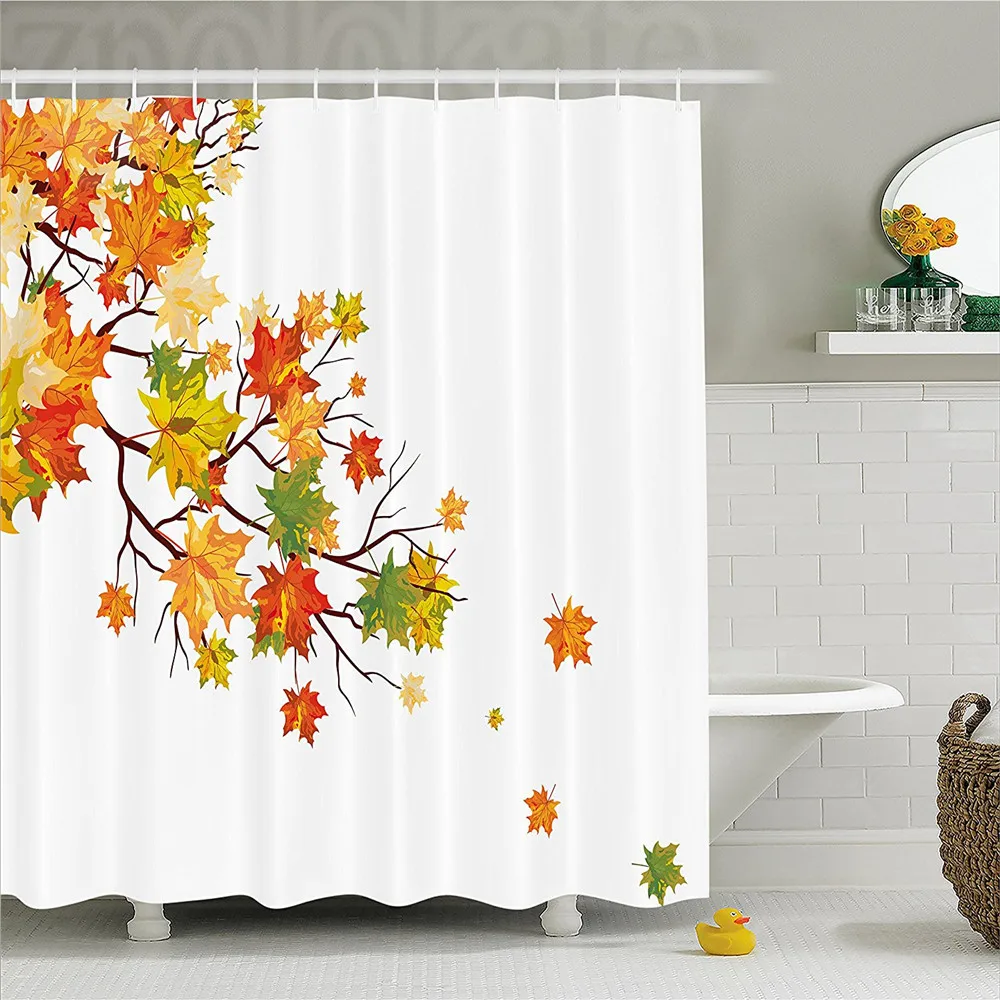 Fall Decorations Shower Curtain Image with Canadian Maple Leaves Botanical Warm to Cold Effects Bathroom Decor Set Hoo | Дом и сад