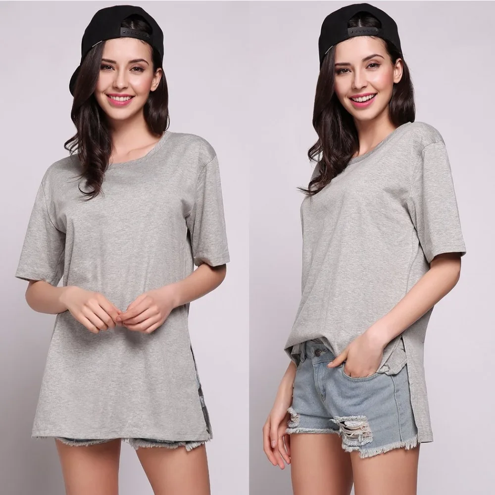Women Solid Side Slit Half Sleeve T shirt 2017 Summer Fashion Crew Neck