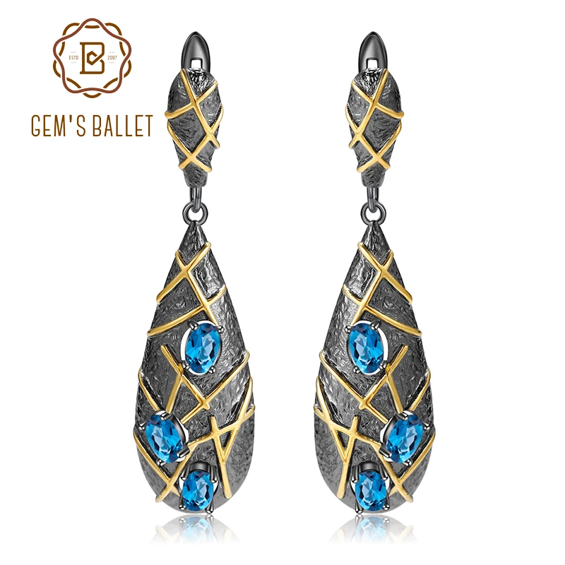 

GEM'S BALLET Natural London Blue Topaz Earrings 925 Sterling Silver Original Cross Lines Drop Earrings For Women Fine Jewelry