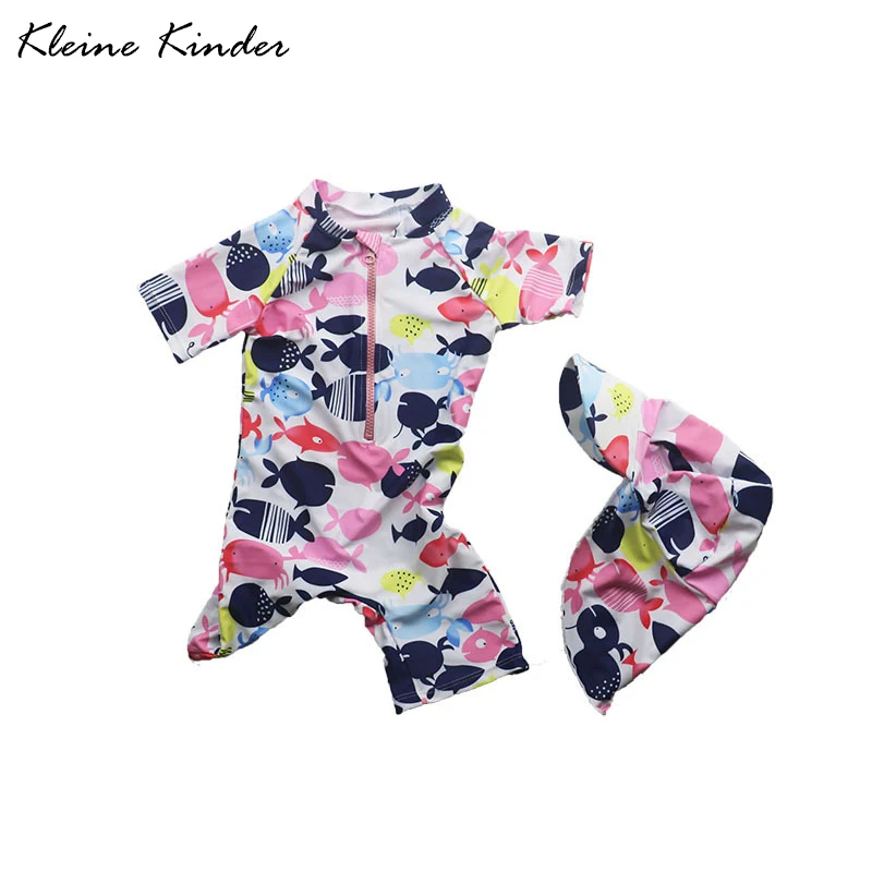 

2019 Summer Kids Baby Girl Swimwear Bikini Swimsuit Short Sleeve Pink Fish Print Girls Swimming Swimmable Bathing Suit Beachwear
