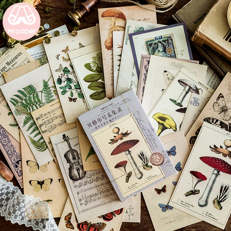Mr.Paper 30pcs/box Ancient Forest Animals Plants Specimen Postcard Vintage Retro Style Creative Writing Greeting Gift Postcards