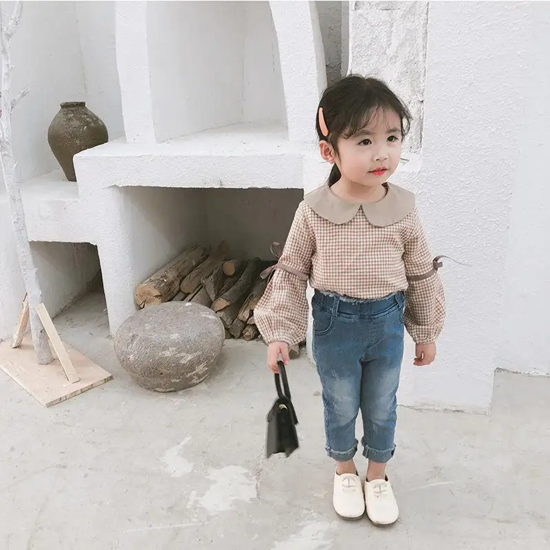 Новое поступление, Весенняя хлопковая клетчатая универсальная рубашка в Корейском стиле с длинными рукавами и поясом для милых маленьких девочек - Цвет: Коричневый
