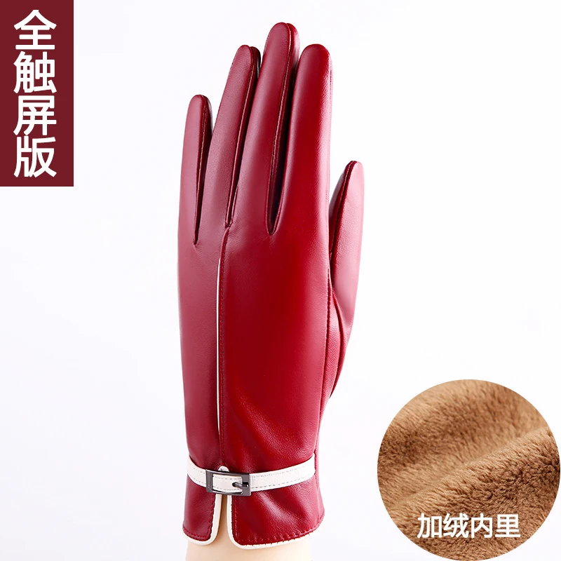 Зимние перчатки из натуральной кожи, кашемировые толстые теплые перчатки из овчины для телефона, модные женские перчатки для вождения с сенсорным экраном 088 - Цвет: Red touch screen vel
