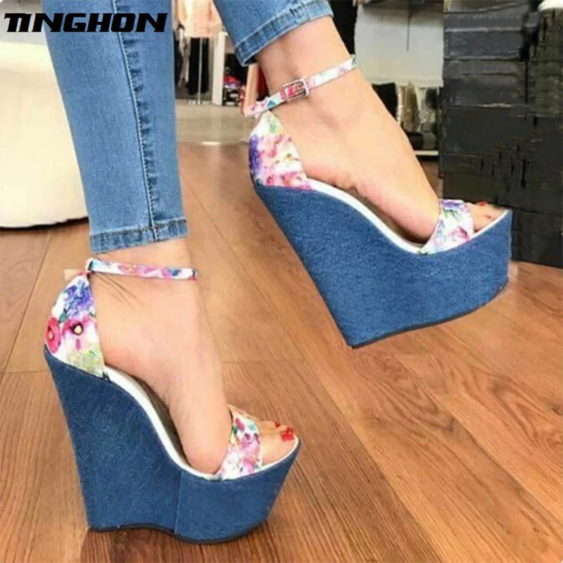 

TINGHON New Designer Woman Denim Sandals Roman Sandals High Quality Wedges High Heels Peep-Toe Platform Shoes