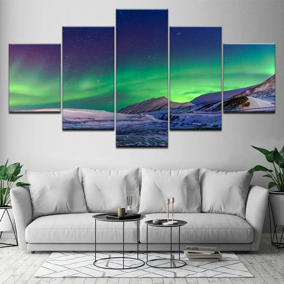 Модульный печатный плакат настенное искусство 5 шт. горы река Аврора Borealis